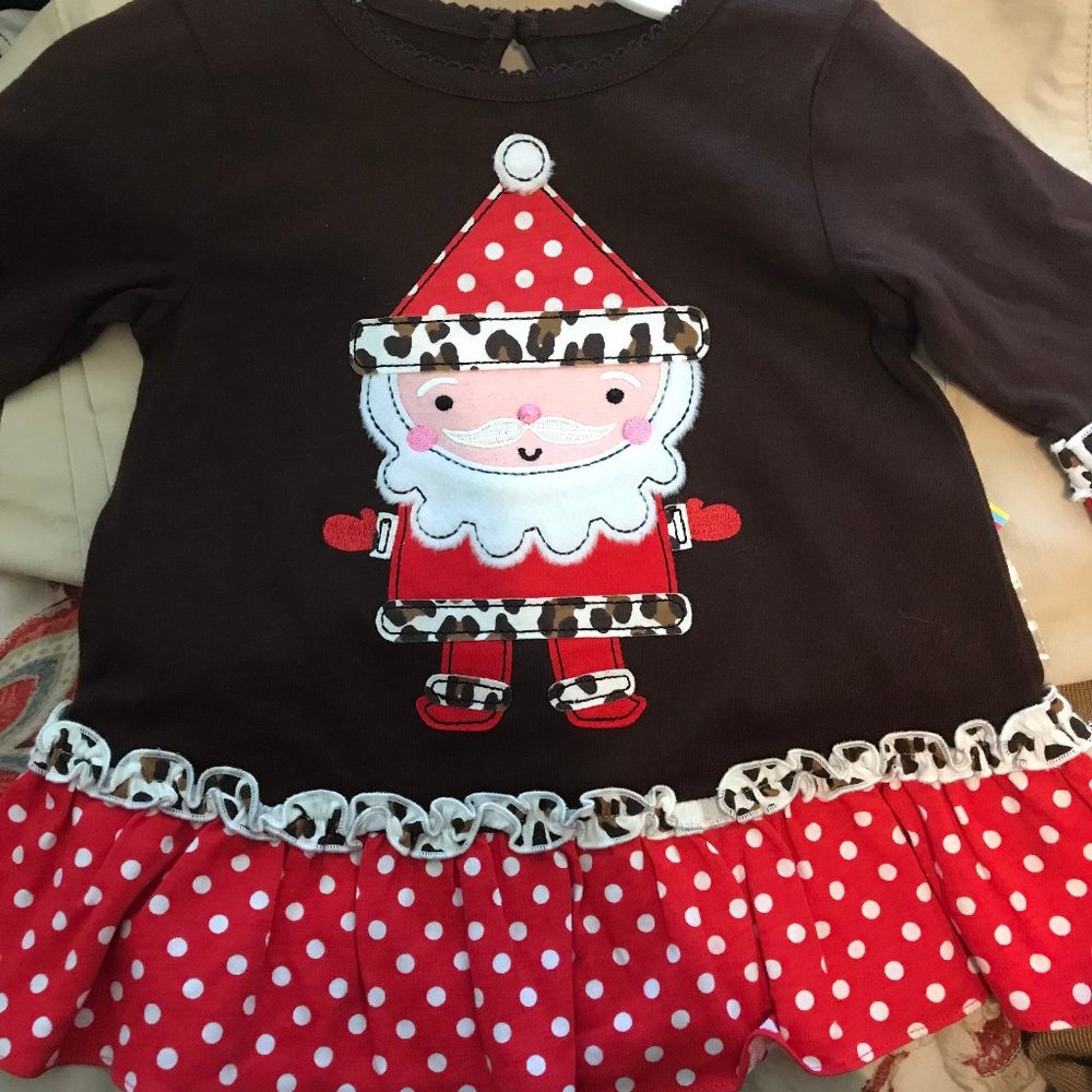 NURSERY RHYME GIRLS TOP SIZE 12 OR 18 MONTHS APPLIQUED SANTA POLKA DOTS  LEOPARD